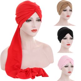 Indian Turban Muslim Women Cross Headscarf Hat Solid Chemo Cap Inner Bonnet Long Tail Hair Loss Cover Wrap Head Scarf Hats Caps