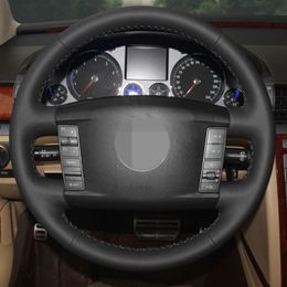 DIY Hand-stitched Black Soft Artificial Leather Car Steering Wheel Cover for Volkswagen VW Phaeton 2004-2010