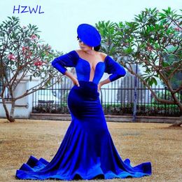 Aso Ebi Roya Blue Velvet Prom Dresses Plus Size Sheer Neck Long Sleeves Mermaid Evening Gowns South African Robe De Soiree