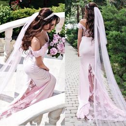 Elegant Pink Wedding Dresses Simple Style Lace Off Shoulder Beach Bridal Gowns Mermaid Sweep Train Wedding Dress Custom Made Z26