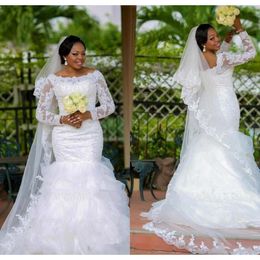 Elegant African Mermaid Lace Wedding Dresses Beads Sequins Boat Neck Illusion Long Sleeves cheap Plus Size Bridal Gowns Vestidos de Novia