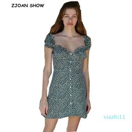 Hot Sale 2019 New Summer Retro Green Small Flower Print Mini Dress Sleeve Square neck Single-breasted button Slim Short Dresses