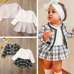 Baby Toddler Girls two-piece Dress Set Designers Pattern Plaid Coat Kids Jacket and Skirt Princess Dresses Clothing Formal Suit Cloth D82802