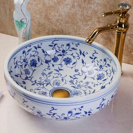 Rose blue white Ceramic Art Basin Sink Europe Vintage Style Counter Top Wash Basin Bathroom Sinks vanities china wash hand basin