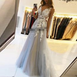 sexy sliver grey V Neck Long Prom Dresses 2020 ivory lace Sleeveless Sexy Backlsss Evening Party Dress Robe De Soiree Tulle Vestidos