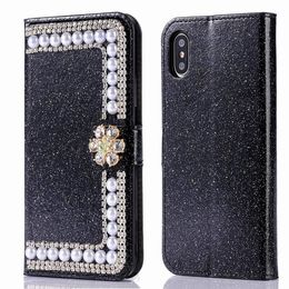 Fashion designer diamond rhinestone pearl flower flip leather wallet case for iphone x xr xs max 6 7 8 plus with card holder