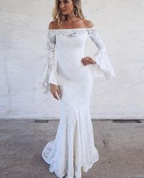 Beach Lace Mermaid Wedding Dresses Long Bohemian Flare Sleeves Off Shoulder Long Floor Length Wedding Dress Boho Bridal Gowns vest301T