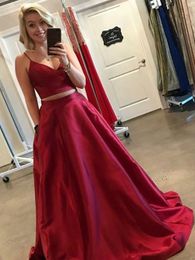 New Listed Two Piece Long Prom Evening Gown Ball Gown V Neck Spaghetti Straps Dark Red Satin Long Prom Dresses with Pockets