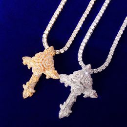 New Fashion Gold Silver Color Iced Out Bling CZ Rose Cross Pendant Necklace with Rope Chain For Men Women
