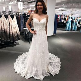 Ivory Full Lace Wedding Dresses Summer Beach Boho Bridal Gowns Spaghetti Straps Pearls Beading Sweep Train Long Wedding Gowns L27