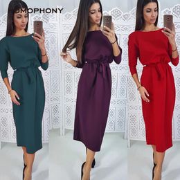 Homophony Dress Women Autumn Winter Woman Dress Sashes Sexy Casual Slim O Neck Vestidos de mujer Women Clothes 2020