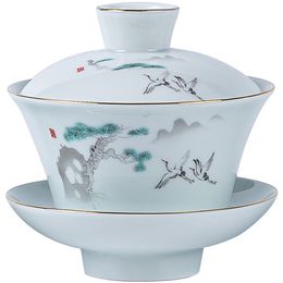 Garden bird gaiwan new arrival Sancai tea tureen ceramic large tracing gold teacup tea bowl