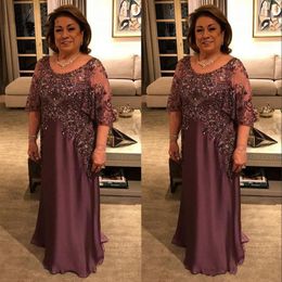 Mother New Modern of the Bride Dresses Scoop Neck Lace Crystal Beads Half Sleeves Chiffon Floor Length Plus Size Evening Wear Prom Gowns