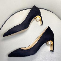 2022 new style dress Shoes big pearl High Heel Pointed Toe Wedding Shoe black suede Pumps back slip on daily basic pumps