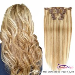 Highlight Honey Blonde Clips In On Human Hair Extensions Panio Color 27/613 Straight Brazilian Remy Colored Weave Clip Ins Thick 70g 100g 120g Set