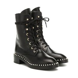 Winter Women Ankle Boots Pearl Combat Boots Beading Thigh High Lace Up Heels Shoes Woman Leather Booties Designer Botas Mujer