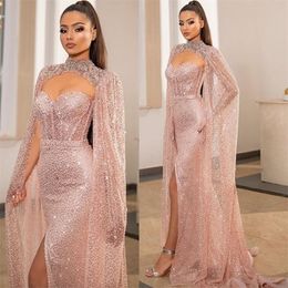 Luxury Mermaid Evening Dress With Wrap Glitter Beading Sequins Formal Prom Dress Sexy Sweetheart Pink Custom Made Runway Fashion Dress
