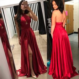 New Sexy Cheap Dark Red Evening Dresses Wear for Women High Split Halter Sleeveless Floor Length Open Back Formal Prom Dress Party Gowns
