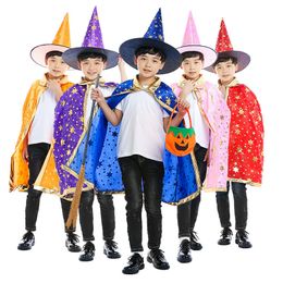 2pcs/set Halloween Cape Cloak Hood+Witch Hats Children Performer Magician Wizard Hot Stamping Five Star Cloak Cape Poncho Hat Set DBC BH3954