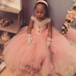 Pink Crystals Beaded Flower Girl Dresses With V Neck Balll Gown Sequins Tulle Little Girl First Communion Dress Pageant Gowns