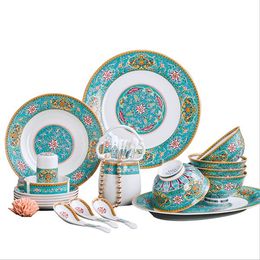 -Europa diseño hueso China vajilla conjunto platos y cuencos vajilla de lujo colorido oculte de patrón juego de vajilla