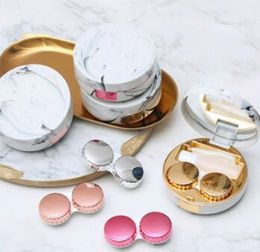 Honbay Fashion Marble Contact Lens Case Portable Contact Lens Box Kit with Mirror Contact Lens Storage Set (Round Gold)