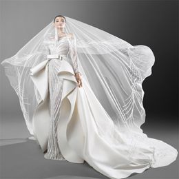 Zuhair Murad Mermaid Wedding Dresses With Detachable Train Long Sleeves Appliqued Lace Bridal Gowns Luxury Bow Satin Robes De Mariée Sirène