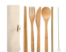 Eco-friendly Bamboo Flatware Cutlery Set 20 Style Portable Bamboo Straw Dinnerware Set with Cloth Bag Knives Fork Spoon