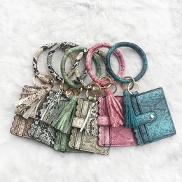 Wristlet Keychain Personalized Women Ring Bracelets Card Holder Purse With Tassel Snakeskin Grain PU Leather Keychain