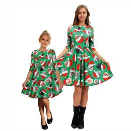 Новый Cat Рождество печать Мать и дочь Matching Середина рукава платья европейских и американских моды платье Женский стиль моды