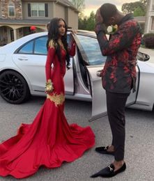 Burgundy African Mermaid Prom Dresses High Neck Long Sleeves Women's Party Gowns With Gold Lace Appliqued