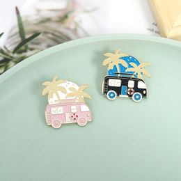 Japanese style cute cartoon black & pink mini bus vacation coconut tree pin badge brooch