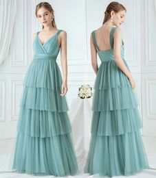 Elegante türkisfarbene Brautjungfernkleider, mehrlagiges A-Linien-Abendkleid, V-Ausschnitt, geraffte Spaghettiträger, Tüll, Hochzeits-Party-Kleider