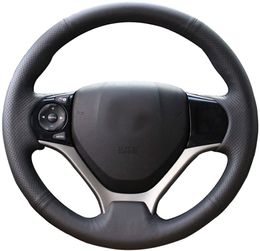 DIY Sew Black Genuine Leather Steering Wheel Cover Stitch on Wrap for Honda Civic 2012 2013 2014 2015 interior Accessories