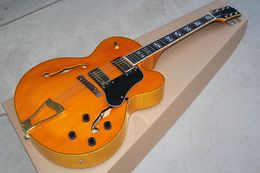 Factory Custom hollow Orange Electric Guitar with Gold Binding Body,Gold Hardwares,Black Pickguard,Can be Customised