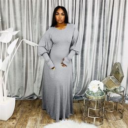 New Plus size 3X 4XL Summer Women bigger size one-piece dress long sleeve grey maxi dress solid color casual dress blue loose long skirt 3703