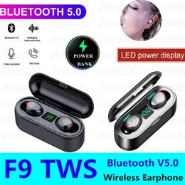 F9 TWS Bluetooth Earphone Headphone Wireless Streo Sport Earbuds Earsets With LED Power Display Noise Reduction For iPhone X11 Huawei Series