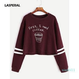 Hot Sale Short Spring Women Fashion Hoodies Letter Print First I Need Coffee Hoodie Women Long Sleeve Casual Cropped Sweatshirt Pullover