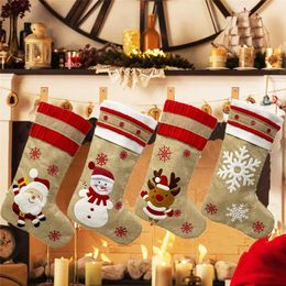 Burlap Christmas Gift Socks 29*47CM Kids GIft Storage Socks Santa Elk Snowman Snowflake Printed Cotton Linen Decorative Stocking Bag