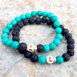 MG0761 Skull Couples Bracelet Natural Turquoise Jewelry Skull Candy Bracelet Black Lava Energy Bracelet Matching Couple