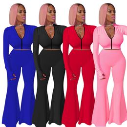 Plus size fall winter Women jacket bell bottoms pants two piece set long sleeve crop top flared pants casual black outfits sportswear 3681