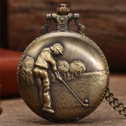 Bronze Antique 3D Golf Man Poket Watch Men Boy Quartz Analog Display Clock with Long Necklace Chain Watches reloj de bolsillo