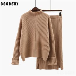 New Autumn 2 Piece Set Women Long Sleeve Loose Soft Knit Sweater + High Waist Skirt Two Pieces Female Casual Knitting Skirts Set Y0506