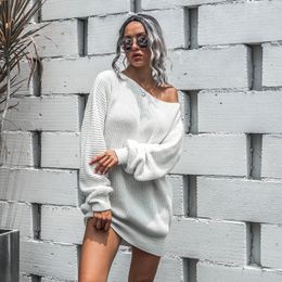 Women Sexy Knit Sweater Autumn Winter Long Sleeve Off Shoulder Loose Solid Pullover Sweater Dress Jumper Tops