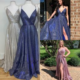 2021 Custom Prom Bridesmaid Dresses Long Bling Sequined Satin Grey Dark Navy Colour Dress Evening Wear Formal Vestido De Festia Sweet 16 Girl