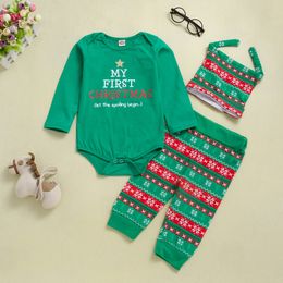 Newest Baby Clothes New Year Christmas Clothes Sets Romper Tops+Pants+Hats 3Pcs Sets Outfits Fashion Christmas Element Printed Kids Clothing