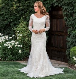 2020 Modern Lace Mermaid Modest Wedding Dresses With Long Sleeves Appliques Buttons Back Country Western Bridal Gowns Sleeved Custom Made