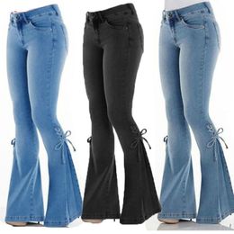 Plus size calças de brim das mulheres casual magro elástico denim cintura jean oversized longo alargamento calças azul claro calças largas perna