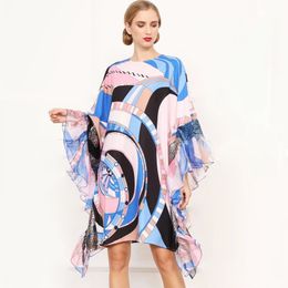 Women's Runway Dresses O Neck Batwing Sleeves Ruffles Printed Loose Design Fashion Casual Short Dresses