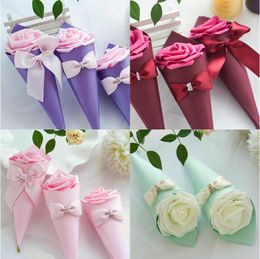 22cm Bow Flower Cone Paper Rhinestone Candy Box Decoration Creative Wedding Party Favours Gift Case Ornament Flowers 1xya G2